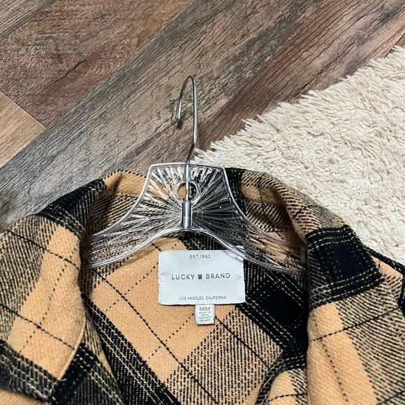 Lucky Brand Size Medium Tan Black Plaid Oversized Flannel Coat Shacket Jacket - Picture 3 of 6